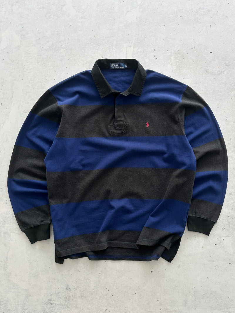 90's Ralph Lauren heavy Stripe Long Sleeve Polo Shirt (XL)