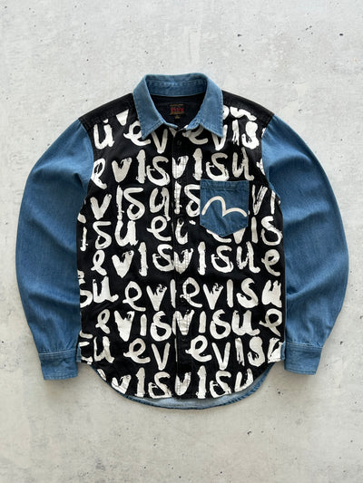 00's Evisu rare staff AOP Spell Out Denim Shirt (S)