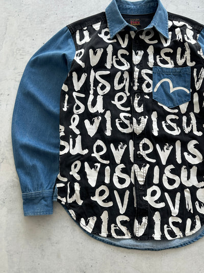 00's Evisu rare staff AOP Spell Out Denim Shirt (S)