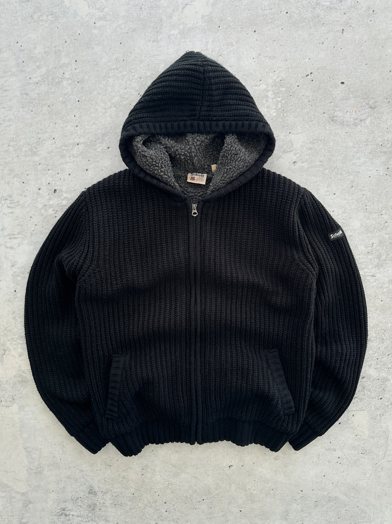 00's Schott Fleece Lined Chunky Knit Zip Up Hoodie (M)