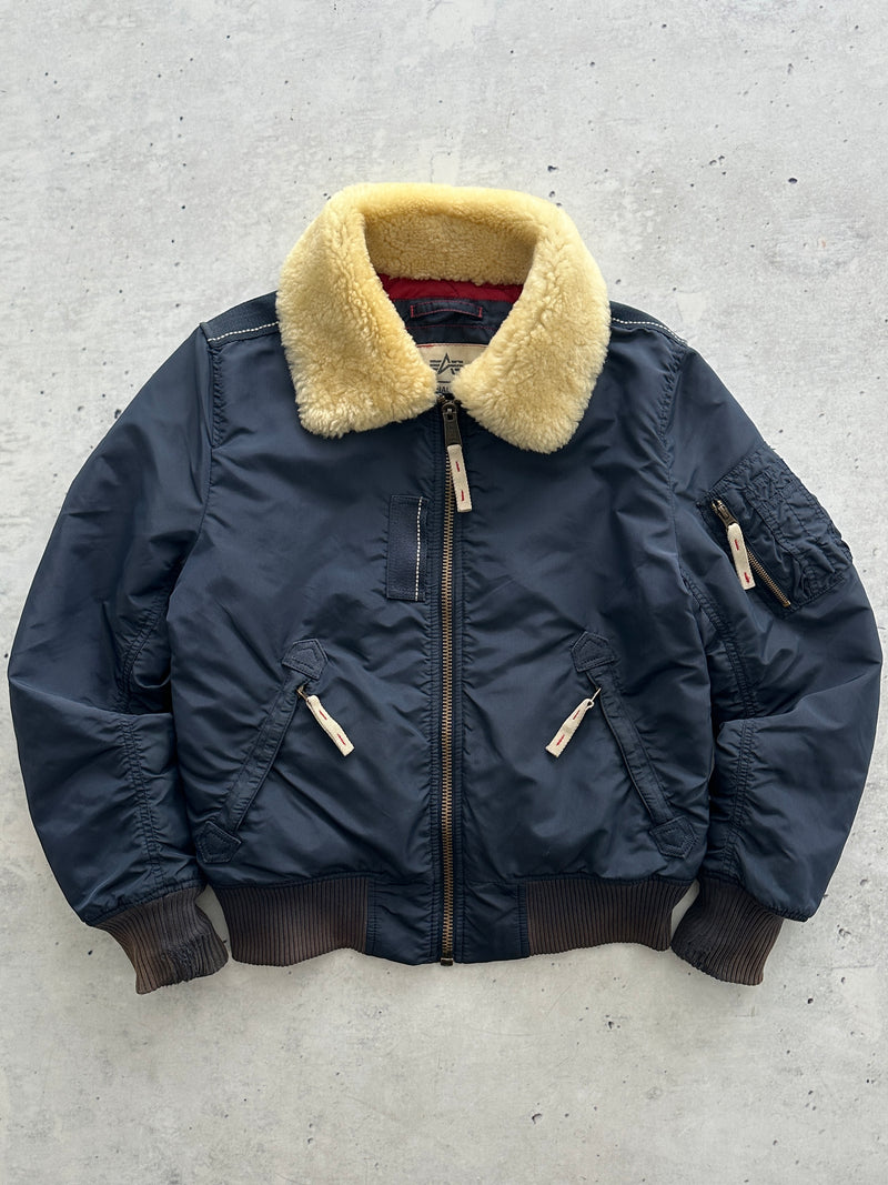Alpha Industries Injector III Shearling Collar Zip Up Bomber Jacket (S)