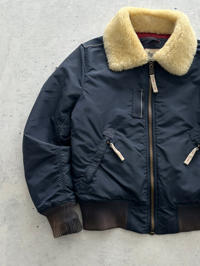 Alpha Industries Injector III Shearling Collar Zip Up Bomber Jacket (S)