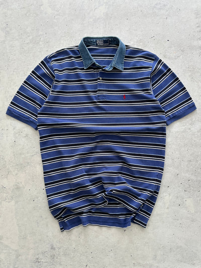 90's Ralph Lauren Denim Collar Stripe Polo Shirt (XXL)
