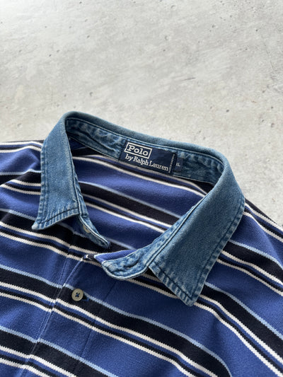 90's Ralph Lauren Denim Collar Stripe Polo Shirt (XXL)